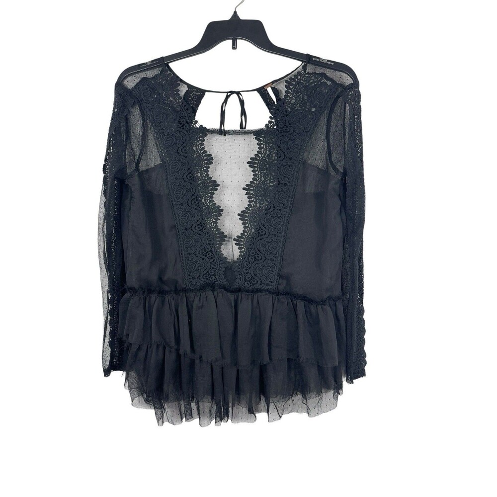Free People L Sheer Lace Tulle Mesh Ruffle Top Black Romantic Whimsigoth